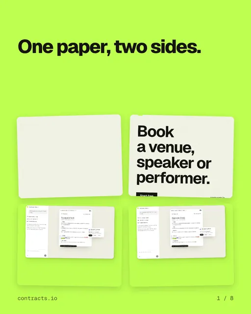 Carousel for contracts.io: "One paper, two sides.". Collection carousel, 8 slides, light palette.