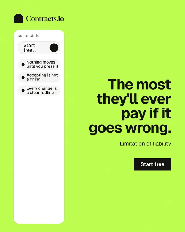 Instagram portrait post for contracts.io: "The most they'll ever pay if it goes wrong." Swiss style, right layout, light palette in green, white.