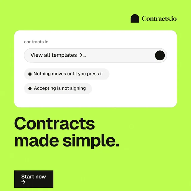 Instagram post for contracts.io: "Contracts made simple." Swiss style, bottom layout, light palette in white, green.