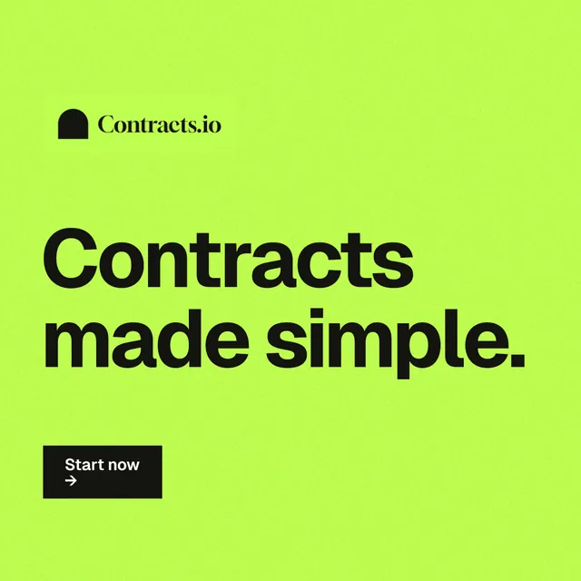 Instagram post for contracts.io: "Contracts made simple." Swiss style, announce layout, light palette in green.