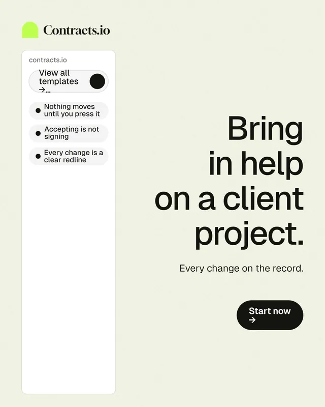 Instagram portrait post for contracts.io: "Bring in help on a client project." Data card style, right layout, light palette in white, grey.