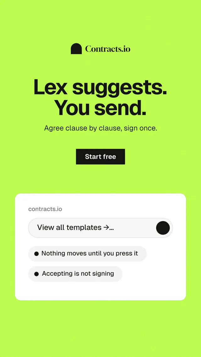 Instagram story for contracts.io: "Lex suggests. You send." Swiss style, centred layout, light palette in green, white.