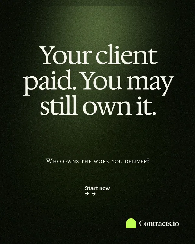 Instagram portrait post for contracts.io: "Your client paid. You may still own it." Dark deco style, smallcaps layout, dark palette in black, grey.
