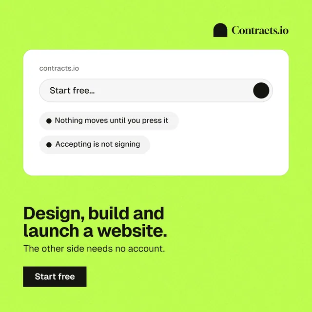 Instagram post for contracts.io: "Design, build and launch a website." Swiss style, bottom layout, light palette in green, white.