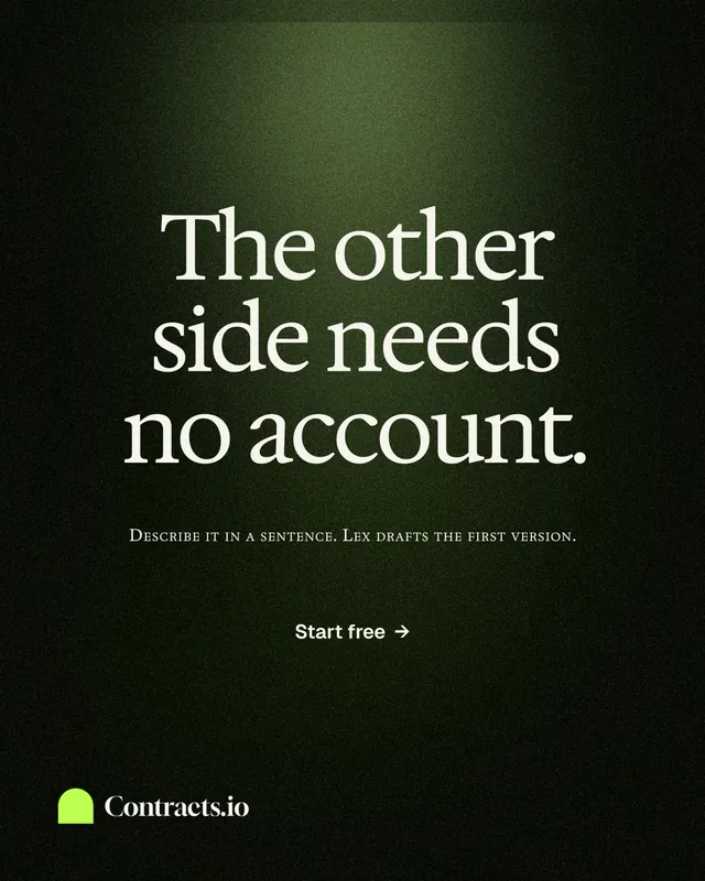 Instagram portrait post for contracts.io: "The other side needs no account." Dark deco style, smallcaps layout, dark palette in black, grey.