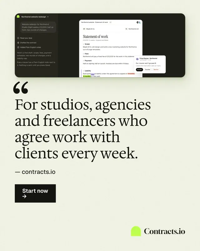 Instagram portrait post for contracts.io: "For studios, agencies and freelancers who agree work with clients every week." Swiss style, quote layout, light palette in white, grey, green.