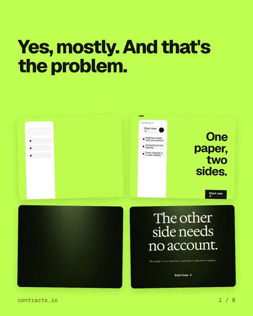 Carousel for contracts.io: "Yes, mostly. And that's the problem.". Collection carousel, 8 slides, light palette.