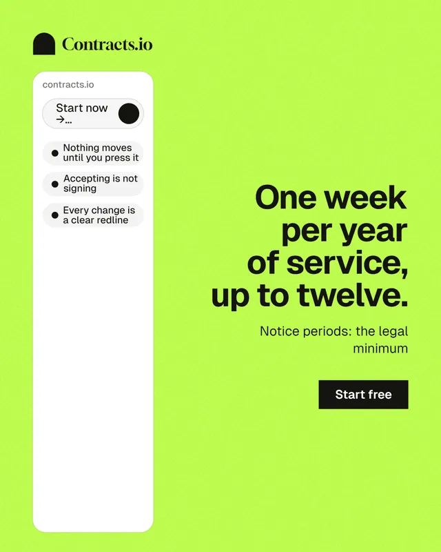 Instagram portrait post for contracts.io: "One week per year of service, up to twelve." Swiss style, right layout, light palette in green, white.