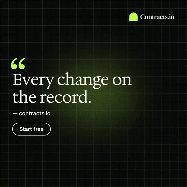 Instagram post for contracts.io: "Every change on the record." Phosphor atlas style, quote layout, dark palette in black, green.