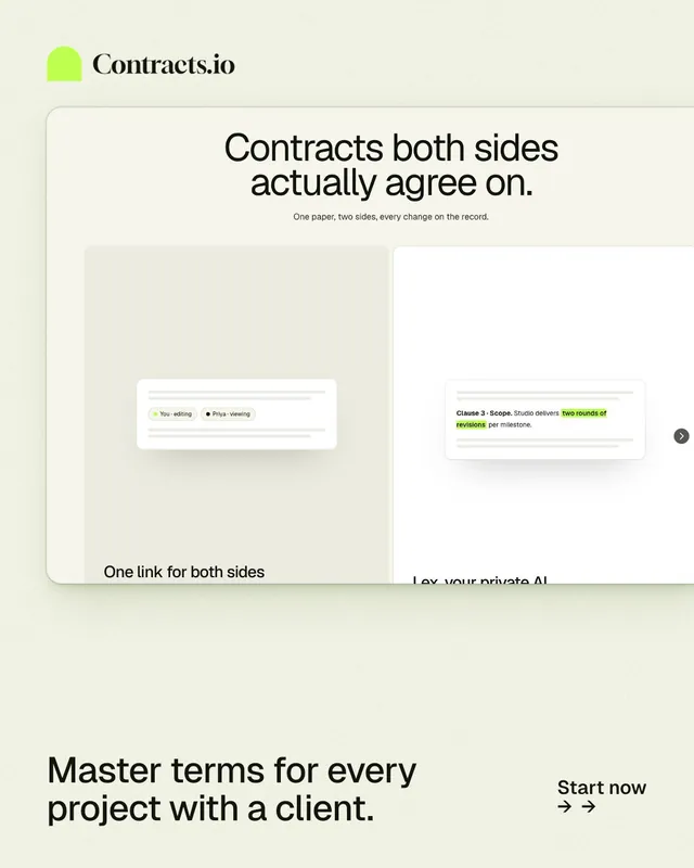 Instagram portrait post for contracts.io: "Master terms for every project with a client." Data card style, image led layout, light palette in yellow, white, grey.