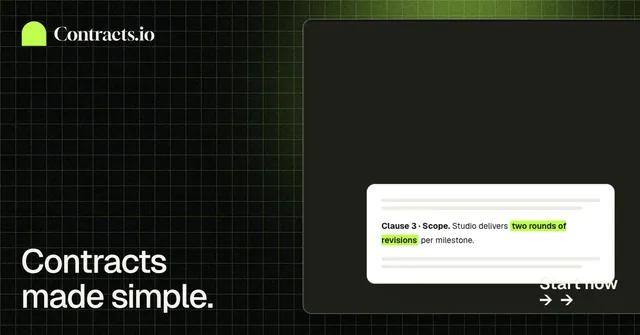 Social ad for contracts.io: "Contracts made simple." Phosphor atlas style, image led layout, dark palette in black, grey.