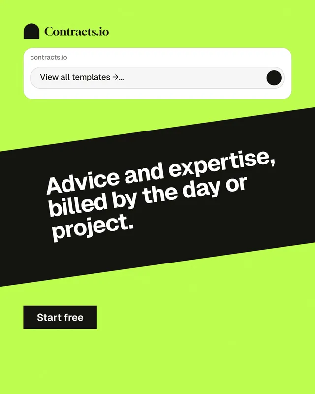 Instagram portrait post for contracts.io: "Advice and expertise, billed by the day or project." Swiss style, diagonal layout, light palette in black, green.
