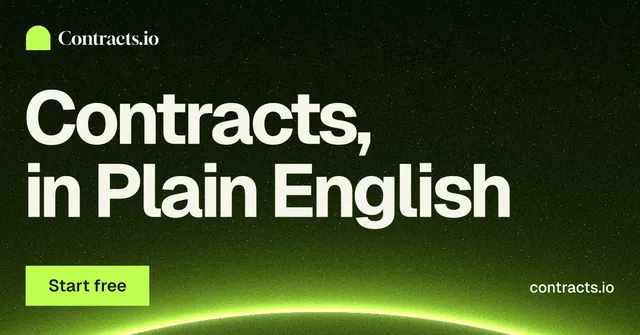Social ad for contracts.io: "Contracts, in Plain English". Swiss style, poster layout, dark palette in green, black.