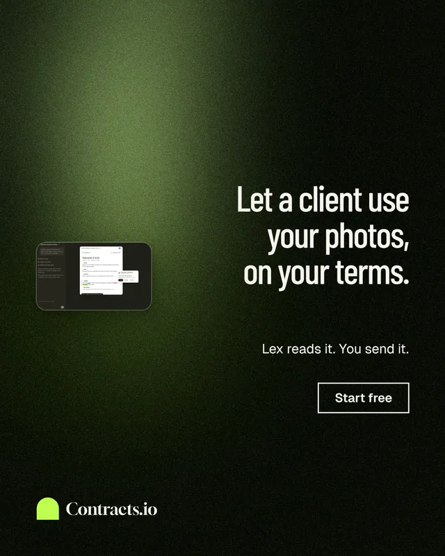 Instagram portrait post for contracts.io: "Let a client use your photos, on your terms." Dark deco style, right layout, dark palette in black, green.