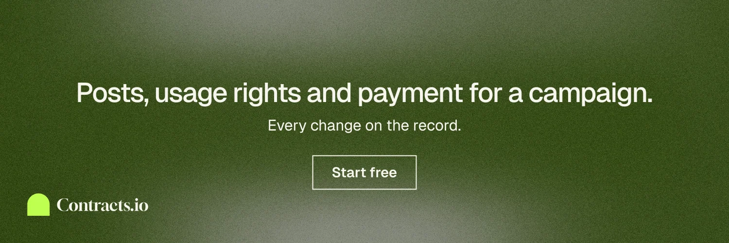 X header for contracts.io: "Posts, usage rights and payment for a campaign." Cyanotype style, centred layout, dark palette in green, grey.