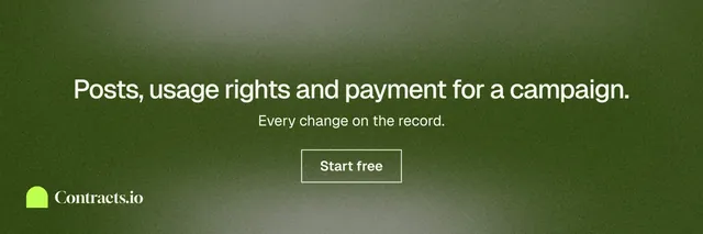X header for contracts.io: "Posts, usage rights and payment for a campaign." Cyanotype style, centred layout, dark palette in green, grey.