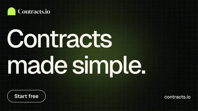 Landscape graphic for contracts.io: "Contracts made simple." Phosphor atlas style, poster layout, dark palette in black, grey.