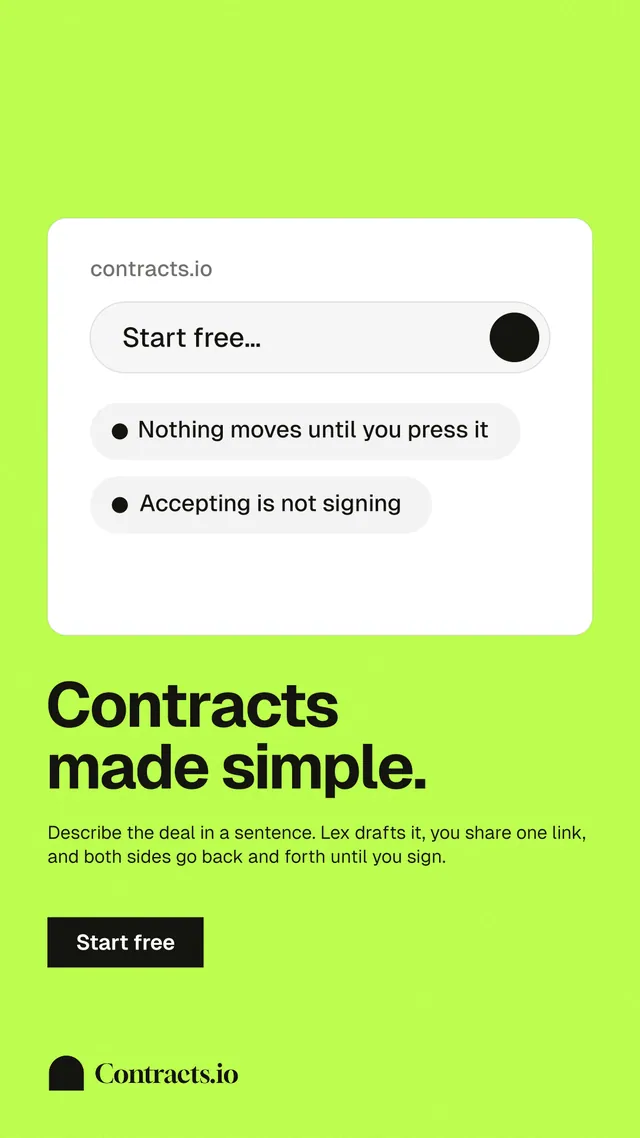 Instagram story for contracts.io: "Contracts made simple." Swiss style, bottom layout, light palette in green, white.
