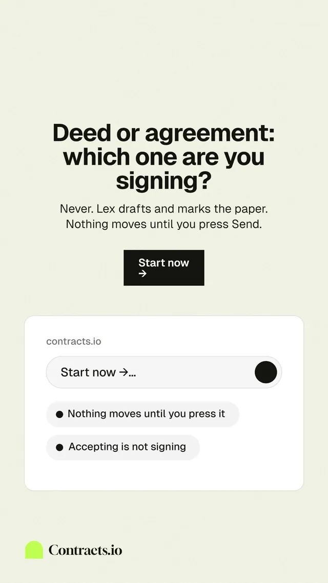 Instagram story for contracts.io: "Deed or agreement: which one are you signing?" Swiss style, centred layout, light palette in white, grey.
