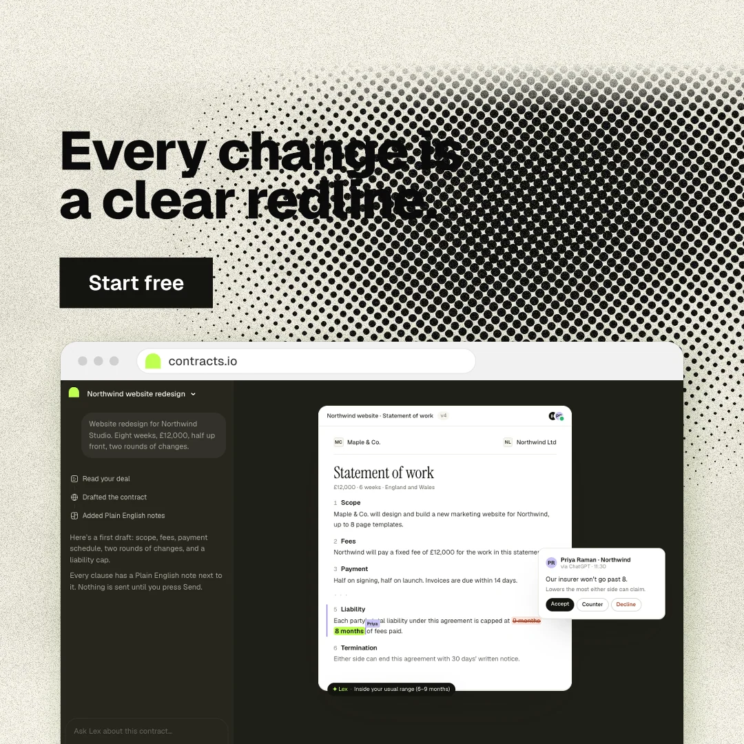 Instagram post for contracts.io: "Every change is a clear redline." Ink sticker style, browser layout, light palette in black, yellow, grey.