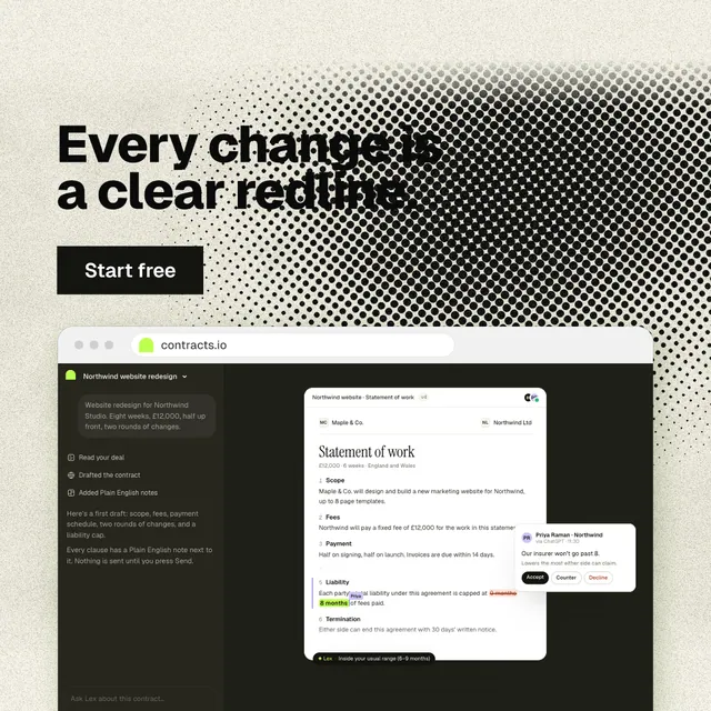 Instagram post for contracts.io: "Every change is a clear redline." Ink sticker style, browser layout, light palette in black, yellow, grey.