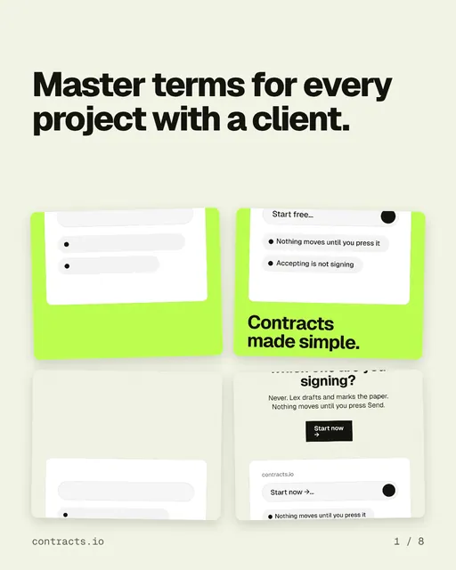 Carousel for contracts.io: "Master terms for every project with a client.". Collection carousel, 8 slides, light palette.
