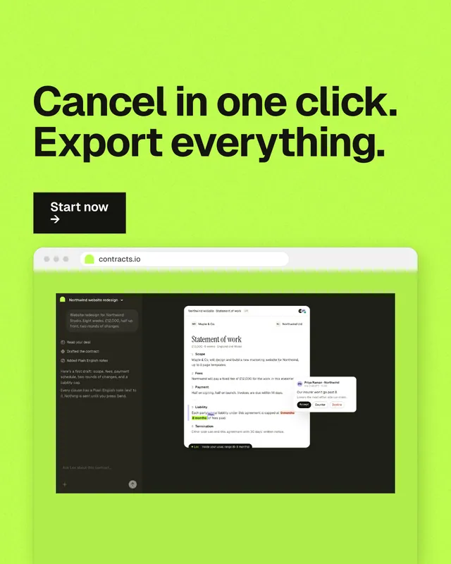 Instagram portrait post for contracts.io: "Cancel in one click. Export everything." Swiss style, browser layout, light palette in green.