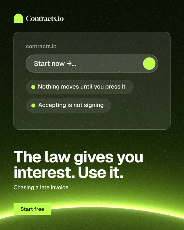 Instagram portrait post for contracts.io: "The law gives you interest. Use it." Swiss style, bottom layout, dark palette in green, black.