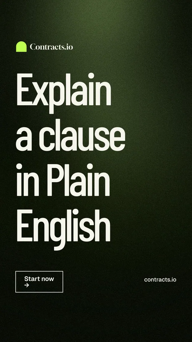 Instagram story for contracts.io: "Explain a clause in Plain English". Dark deco style, poster layout, dark palette in black, green, grey.