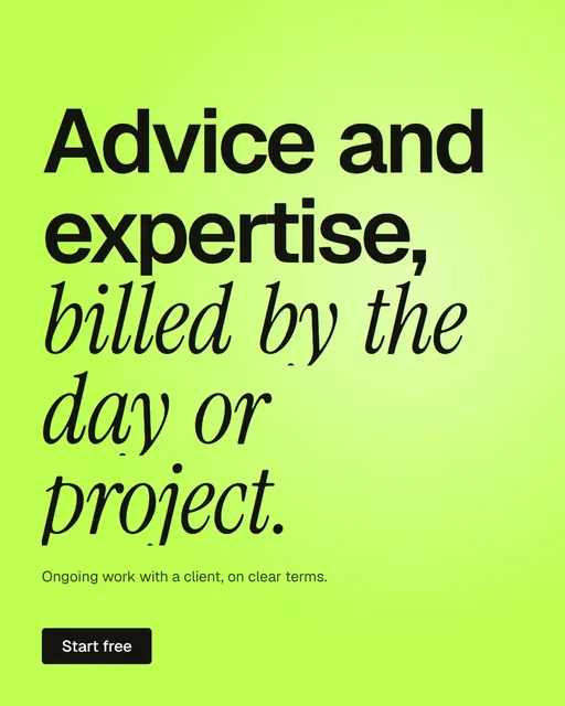 Video for contracts.io: "Advice and expertise, billed by the day or project.". Kinetic type grid, 7.0 s, light palette.