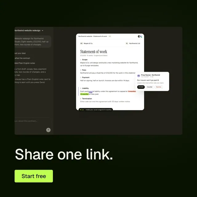 Video for contracts.io: "Share one link.". Doc motion loop, 6.0 s, dark palette.