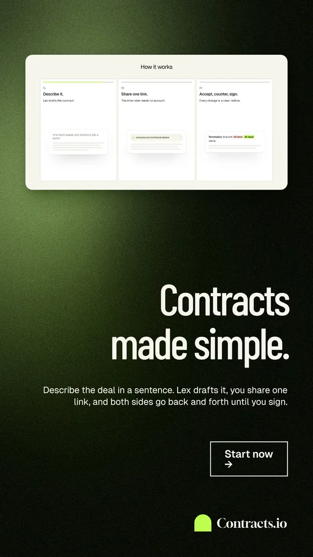 Instagram story for contracts.io: "Contracts made simple." Dark deco style, right layout, dark palette in black, green, white.