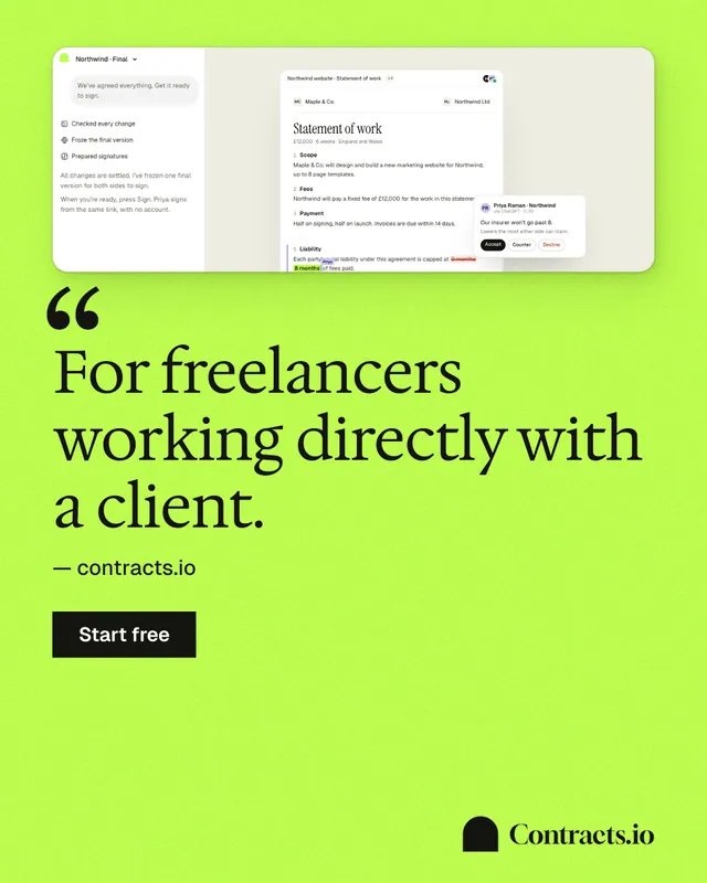 Instagram portrait post for contracts.io: "For freelancers working directly with a client." Swiss style, quote layout, light palette in green.