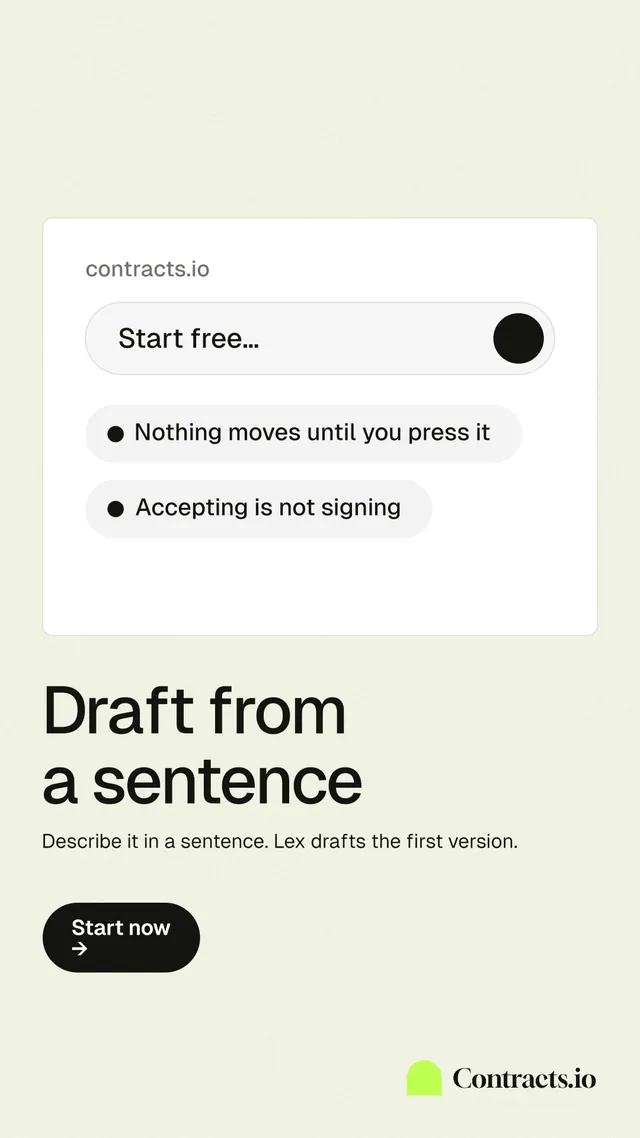 Instagram story for contracts.io: "Draft from a sentence". Data card style, bottom layout, light palette in white, grey.