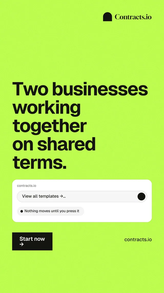 Instagram story for contracts.io: "Two businesses working together on shared terms." Swiss style, poster layout, light palette in green.