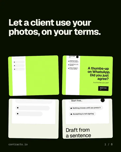 Carousel for contracts.io: "Let a client use your photos, on your terms.". Collection carousel, 8 slides, dark palette.