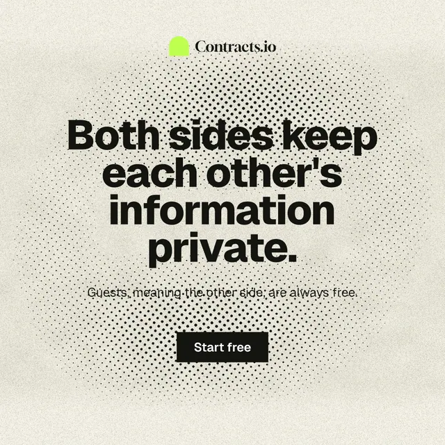 Instagram post for contracts.io: "Both sides keep each other's information private." Ink sticker style, centred layout, light palette in white, yellow, grey.