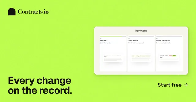 Social ad for contracts.io: "Every change on the record." Swiss style, image led layout, light palette in green.