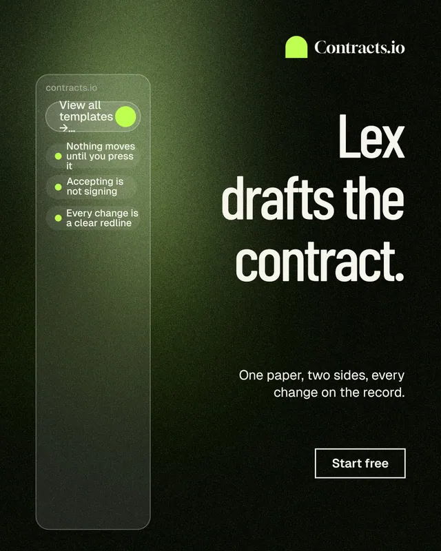 Instagram portrait post for contracts.io: "Lex drafts the contract." Dark deco style, right layout, dark palette in green, black, grey.
