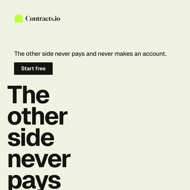 Instagram post for contracts.io: "The other side never pays." Swiss style, oversized layout, light palette in white, grey.