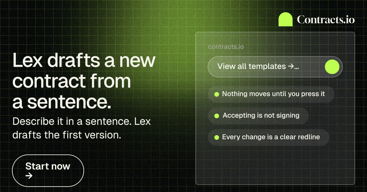 Social ad for contracts.io: "Lex drafts a new contract from a sentence." Phosphor atlas style, bottom layout, dark palette in black, green.