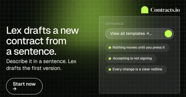 Social ad for contracts.io: "Lex drafts a new contract from a sentence." Phosphor atlas style, bottom layout, dark palette in black, green.