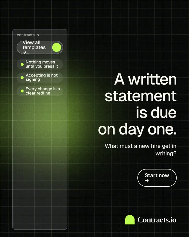Instagram portrait post for contracts.io: "A written statement is due on day one." Phosphor atlas style, right layout, dark palette in black, green.