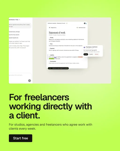 Video for contracts.io: "For freelancers working directly with a client.". Doc motion loop, 7.0 s, light palette.