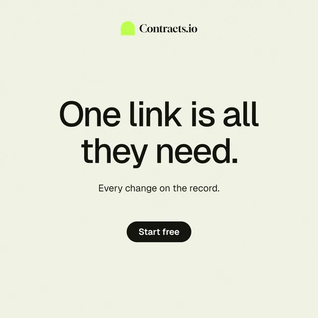 Instagram post for contracts.io: "One link is all they need." Data card style, centred layout, light palette in white, yellow, grey.