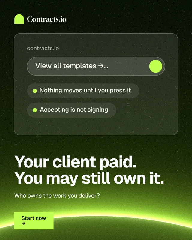 Instagram portrait post for contracts.io: "Your client paid. You may still own it." Swiss style, bottom layout, dark palette in green, black.