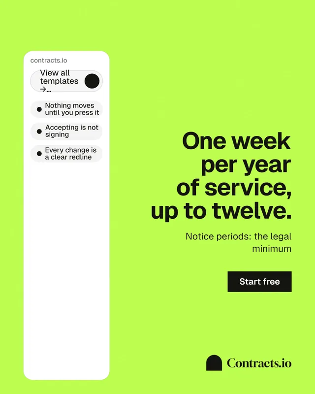 Instagram portrait post for contracts.io: "One week per year of service, up to twelve." Swiss style, right layout, light palette in green, white.