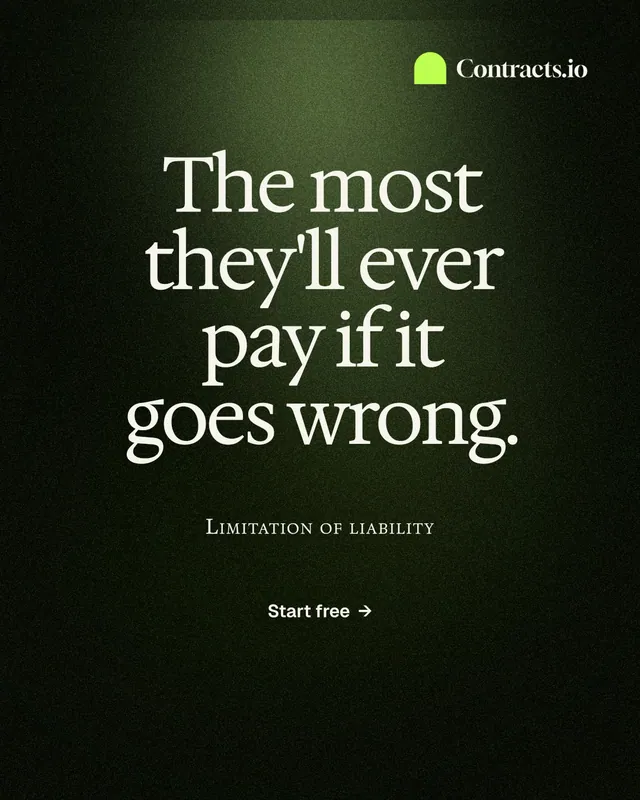 Instagram portrait post for contracts.io: "The most they'll ever pay if it goes wrong." Dark deco style, smallcaps layout, dark palette in black, grey.