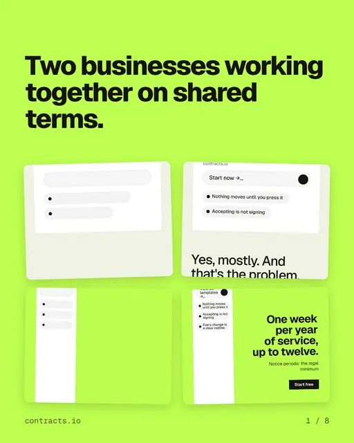 Carousel for contracts.io: "Two businesses working together on shared terms.". Collection carousel, 8 slides, light palette.