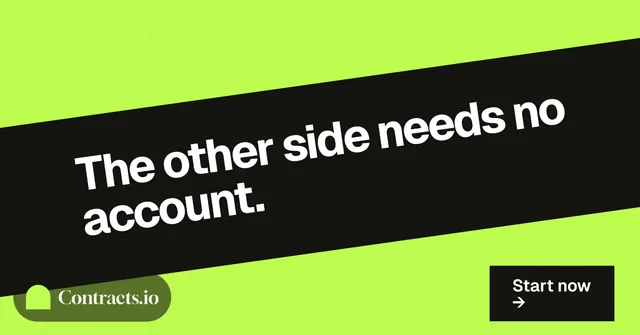 Social ad for contracts.io: "The other side needs no account." Swiss style, diagonal layout, light palette in green, black, grey.
